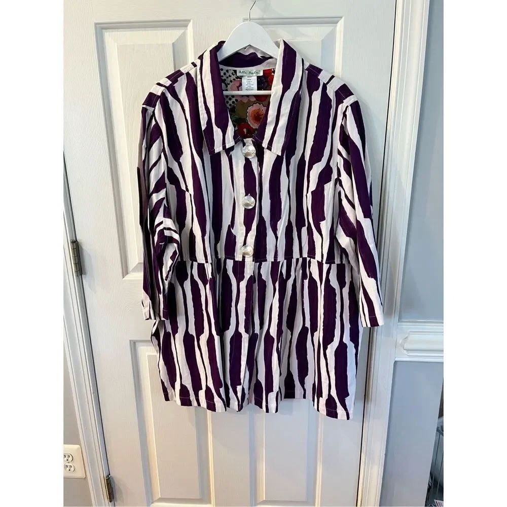 Ulla Popken Purple & White Watercolor Stripe 3/4 Sleeve Tiered Tunic Top sz 24/2